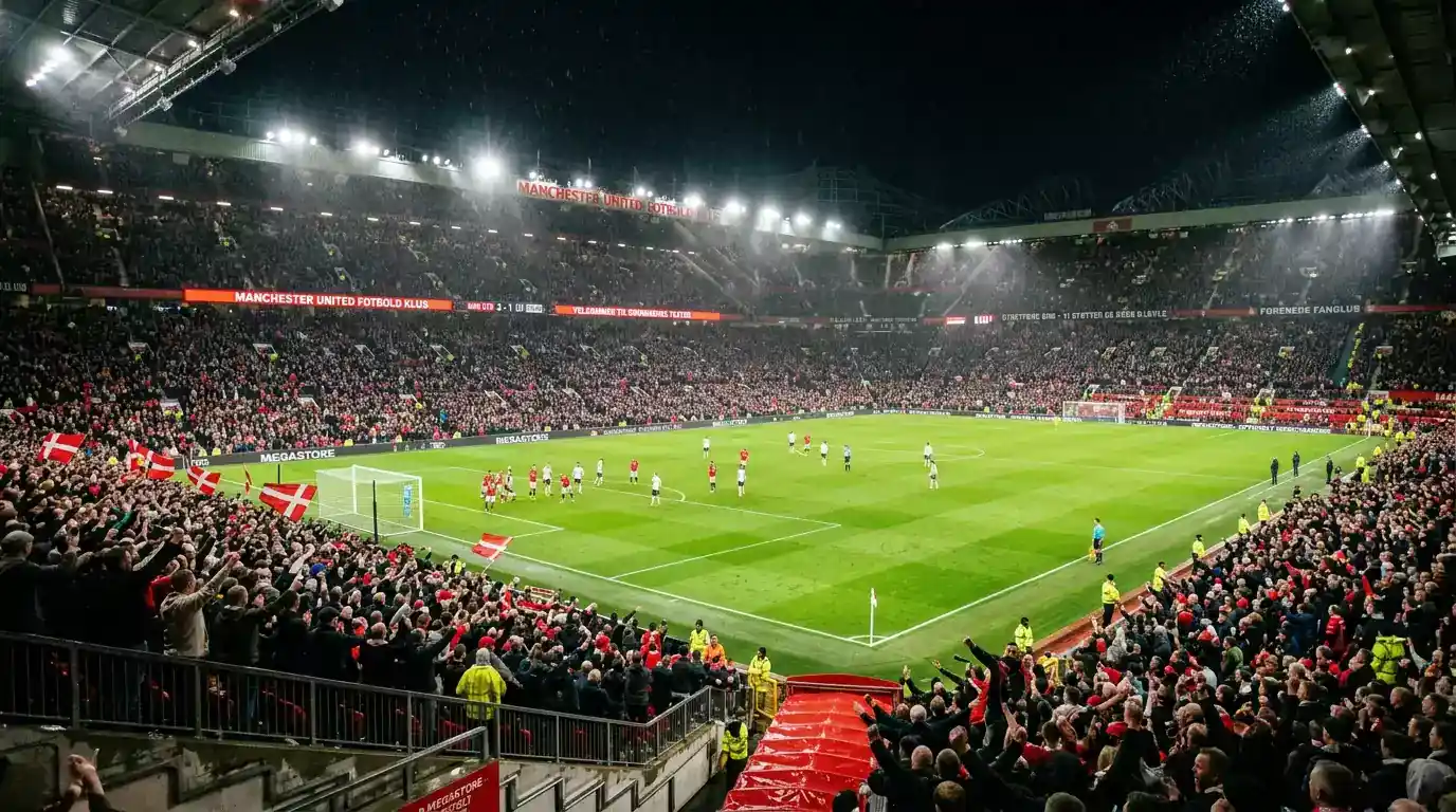 Engelsk fodboldstadion fyldt med tilskuere under en aftenkamp med flomlysgloede